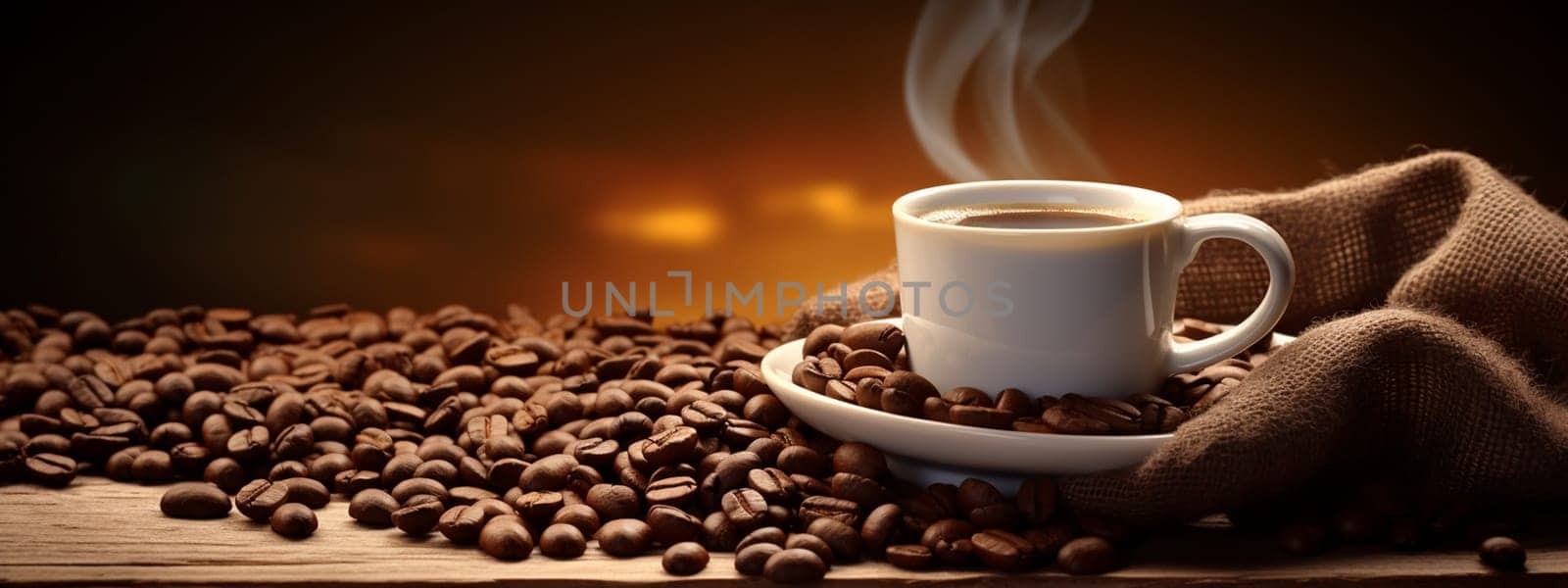 Cup of hot coffee on a wooden table. selective focus. Generative AI, by mila1784