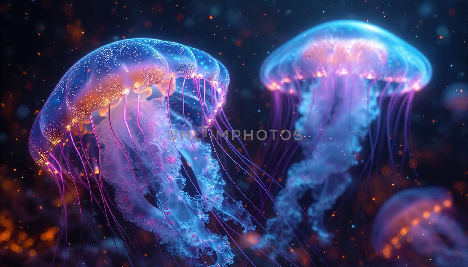 Jellyfish floating in magical ocean. Beautiful cosmic neon purple sea. collection of animals. 3d animation of a seamless loop. Underwater world glowing fish in the water. Marine life. Pink,blue and purple by Annebel146