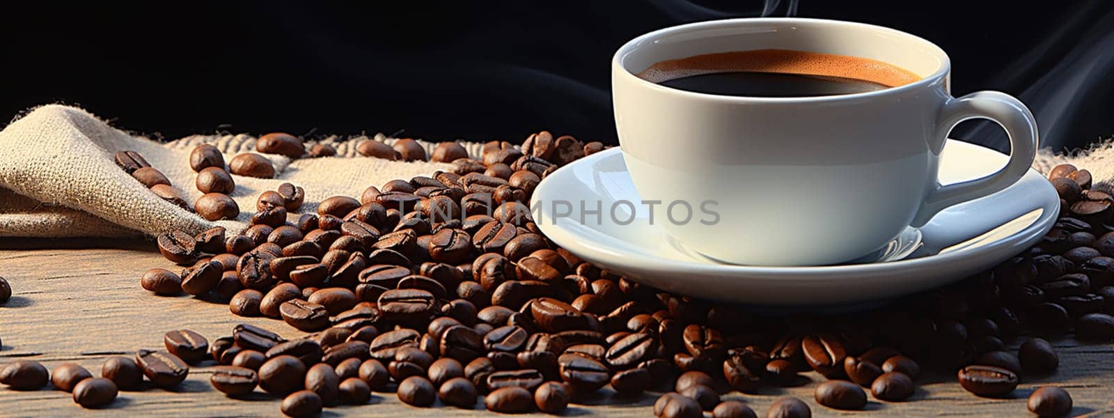 Cup of hot coffee on a wooden table. selective focus. drink Generative AI,