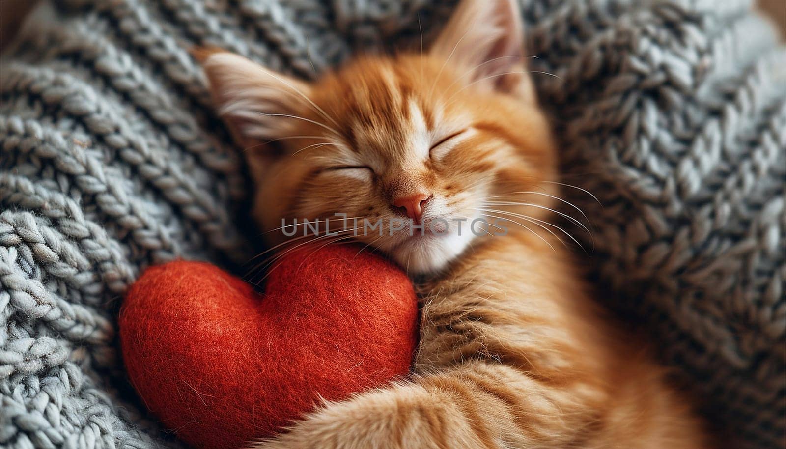 Cute tabby kitten sleeping on red heart pillow. Little kitten sleeping on the red heart-shaped pillow. Cozy blanket. Happy Valentines Day by Annebel146