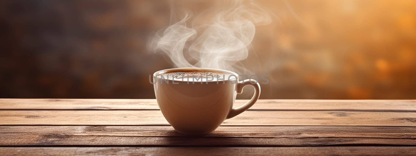 Cup of hot coffee on a wooden table. selective focus. drink Generative AI,