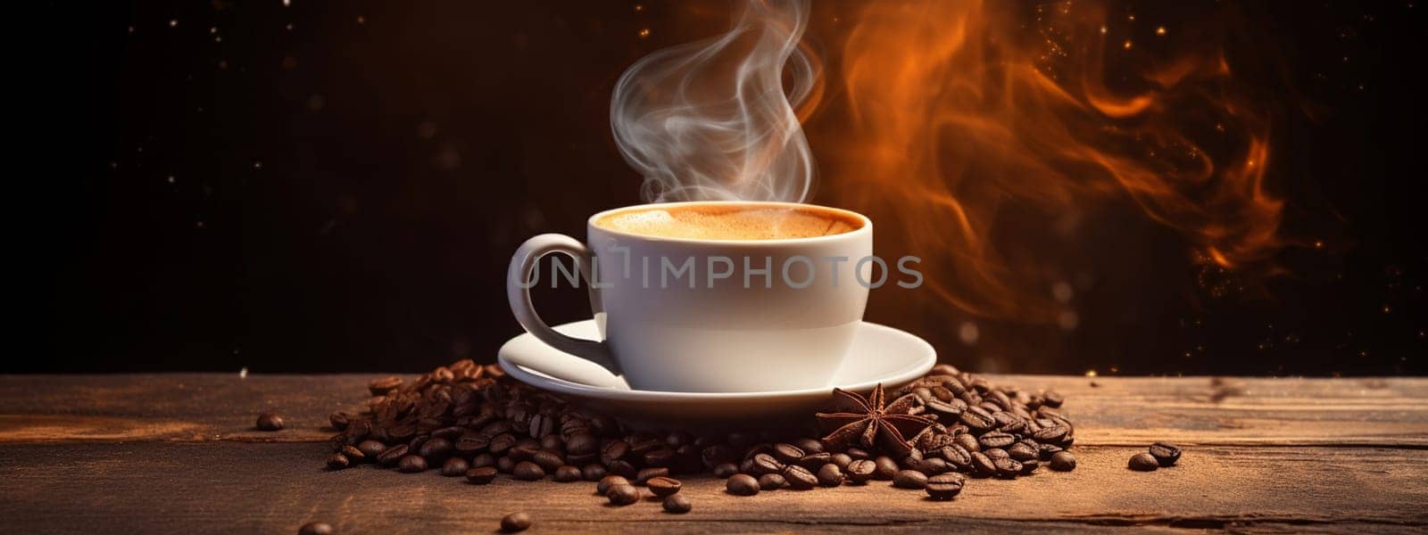 Cup of hot coffee on a wooden table. selective focus. drink Generative AI,