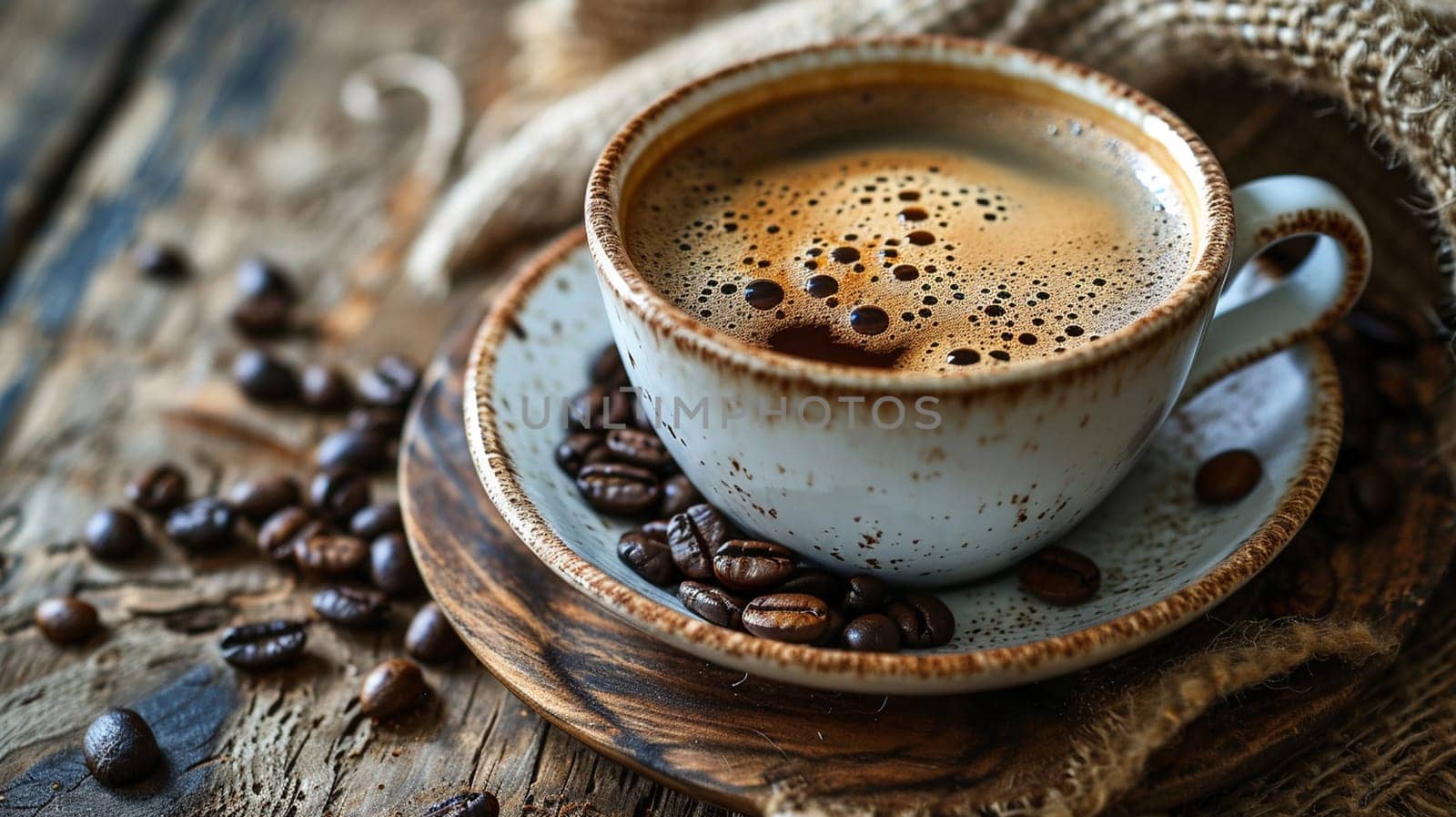 Cup of hot coffee on a wooden table. selective focus. drink Generative AI,