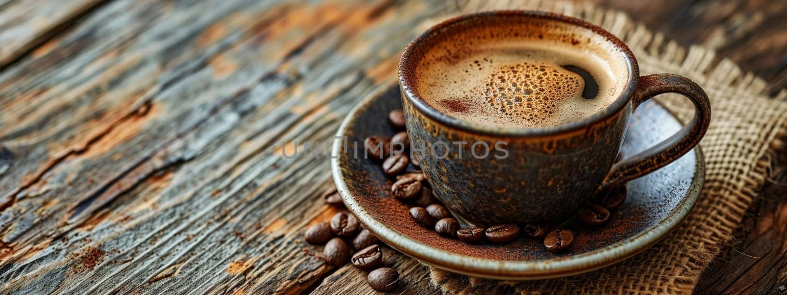 Cup of hot coffee on a wooden table. selective focus. drink Generative AI,