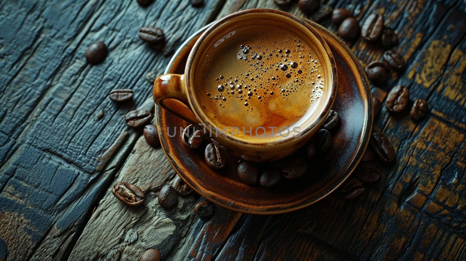 Cup of hot coffee on a wooden table. selective focus. drink Generative AI,