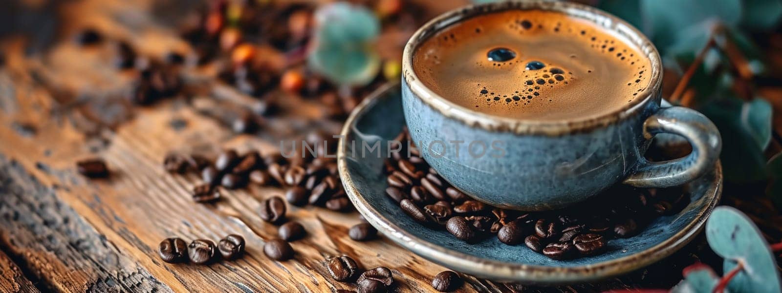 Cup of hot coffee on a wooden table. selective focus. drink Generative AI,