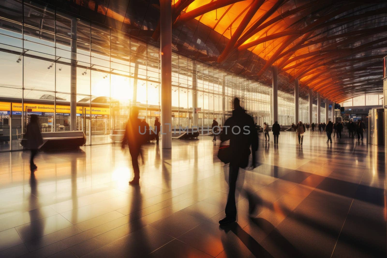Inside airport with blurred people walking in the terminal. Generative AI by golfmerrymaker