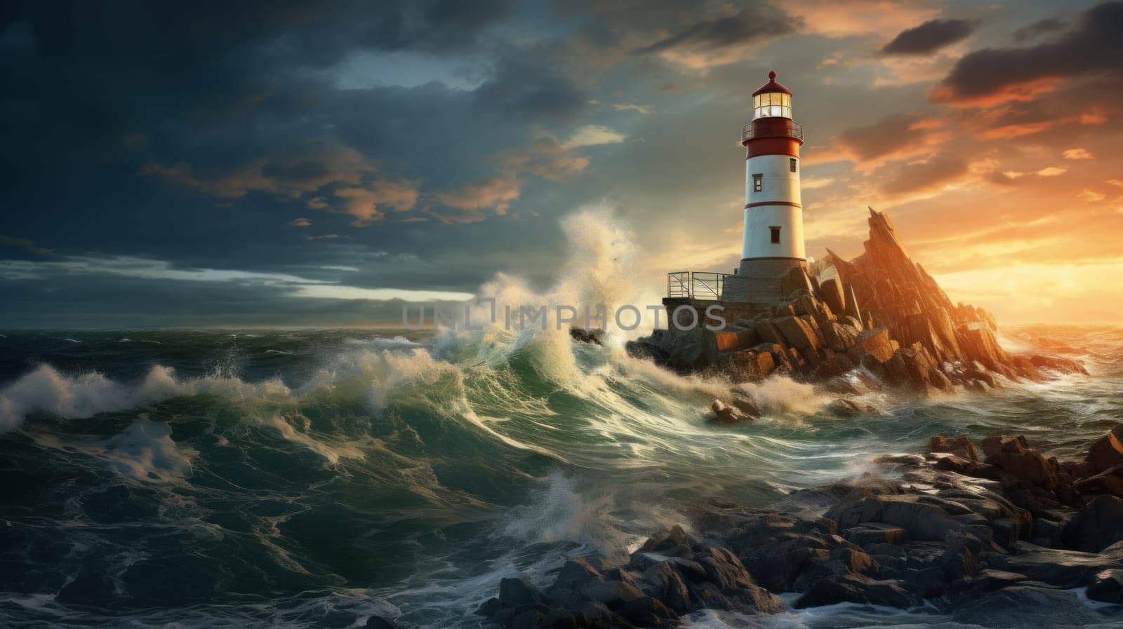 A coastal lighthouse standing tall amidst stormy weather and crashing waves. Generative AI.