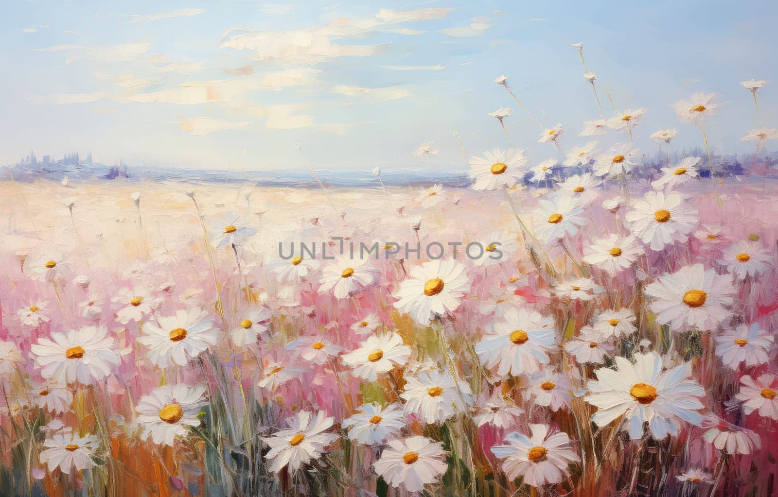 Colorful Floral Meadow: A Bright Impressionism Painting of Summer Blossoms on Green Meadow, with Blue Sky as a Background.