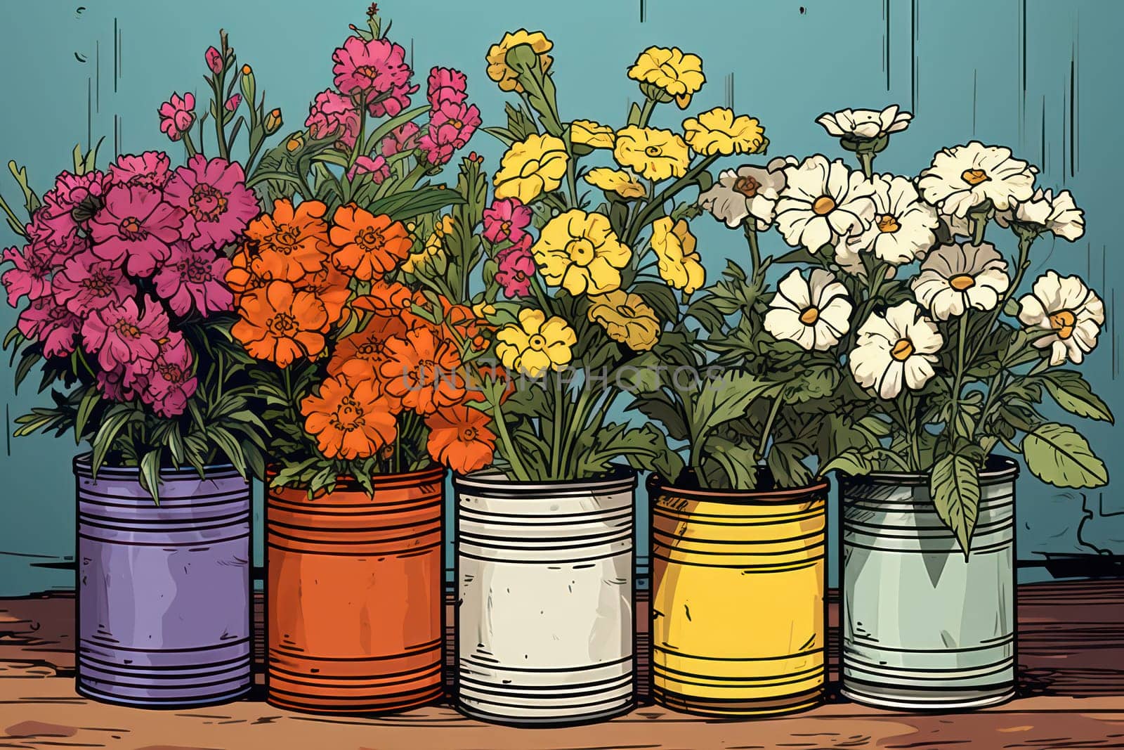 Blooming Beauty: A Colorful Floral Bouquet in a Vintage Wooden Flowerpot, Illustration on a Bright Yellow and Blue Background.