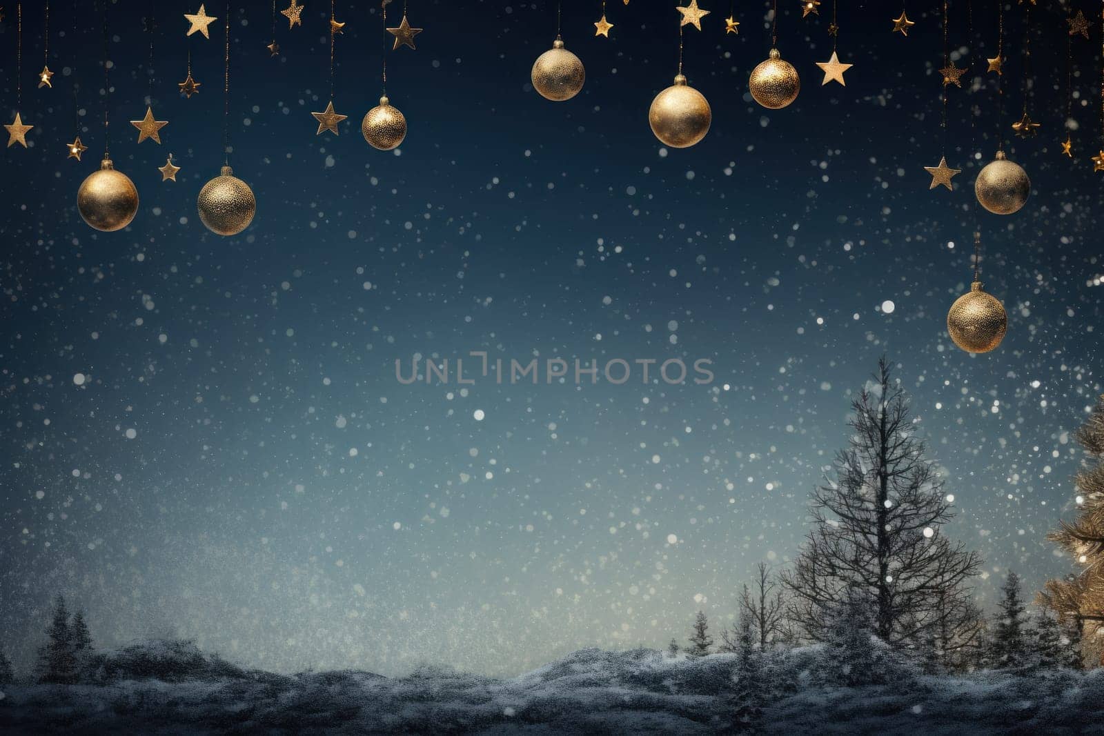 Christmas Tree In Ball Hanging Fir Branch With Golden Glittering On Blue Abstract Night. Generative AI by golfmerrymaker