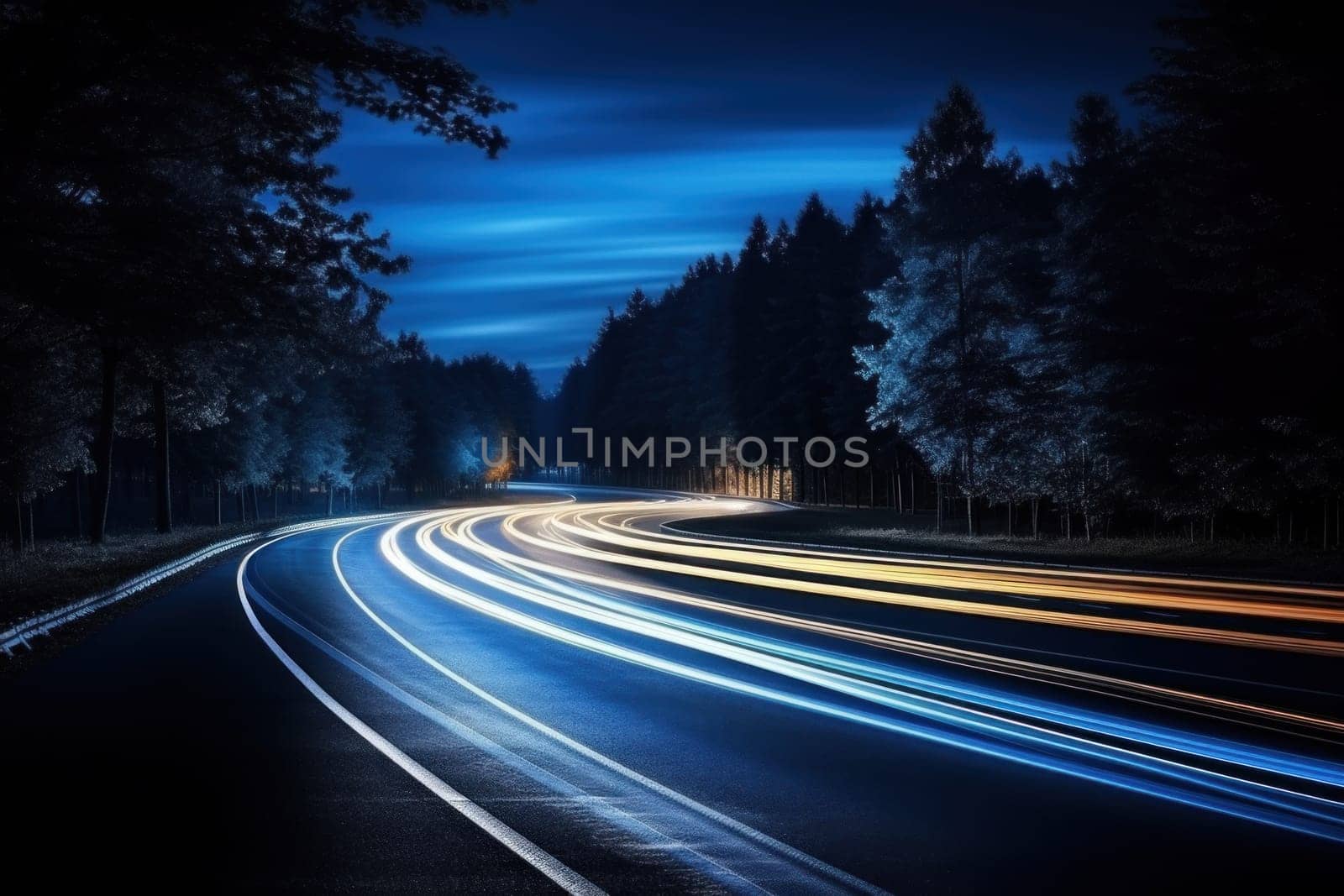 Cars light trails at night in a curve asphalt road at night. Generative AI.