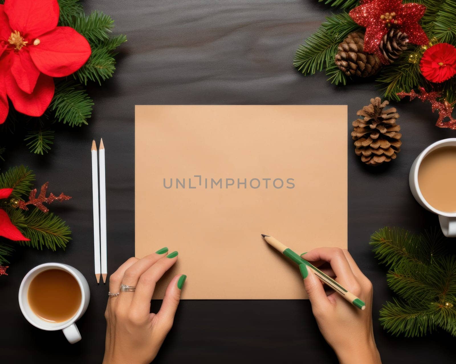 Christmas vibe, a mockup image of desk with female hand holding a pencil. Generative AI.