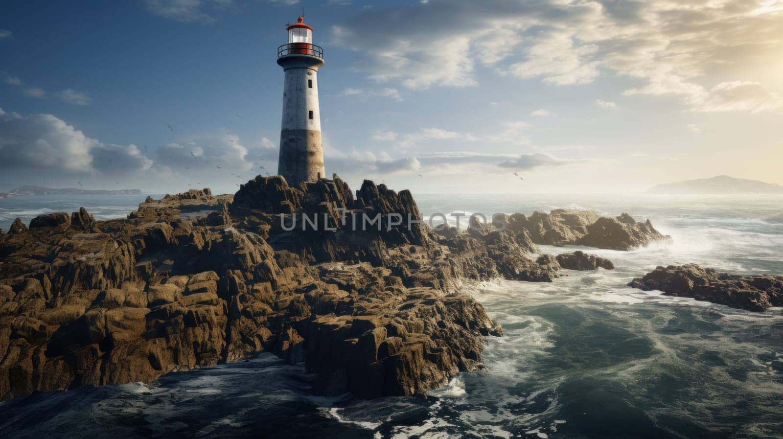 A coastal lighthouse standing tall amidst stormy weather and crashing waves. Generative AI.