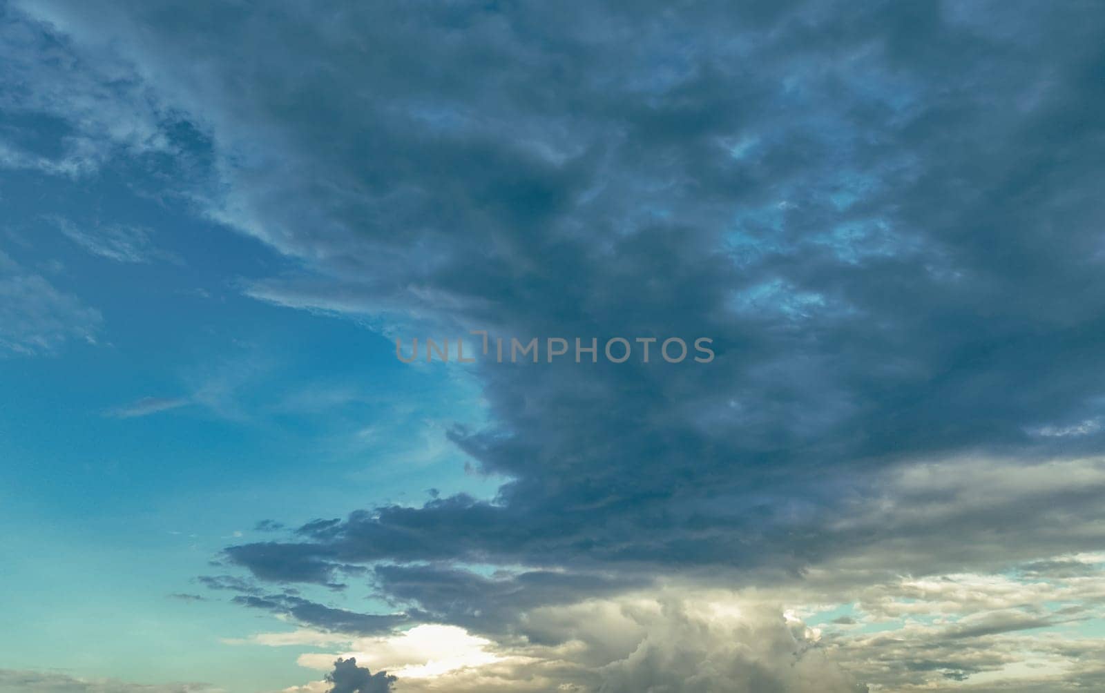 Beautiful blue sky and cumulus clouds abstract background. Cloudscape background. Blue sky and fluffy clouds. World Ozone Day. Ozone layer. Overcast clouds. Peaceful and tranquil. Dramatic sky.