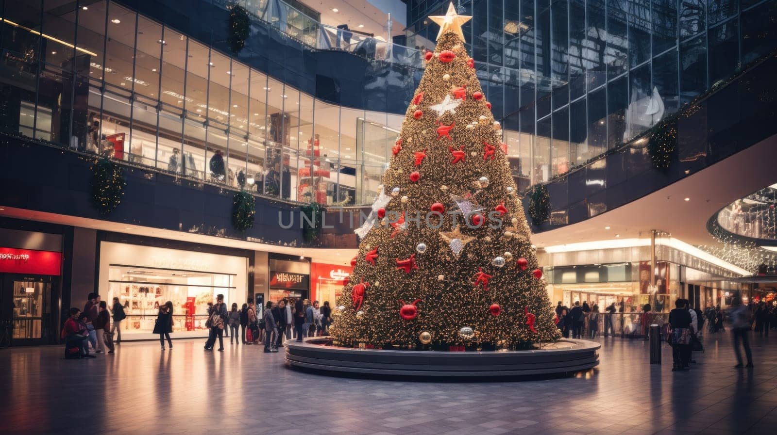 A giant Christmas tree in the middle of a shopping mall . Generative AI.