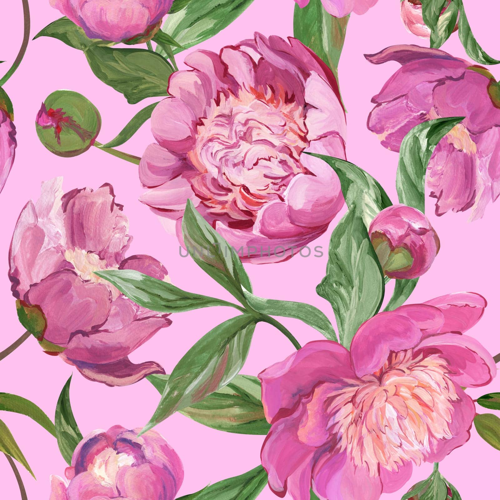 Seamless spring pattern drawn in gouache with pink peonies by MarinaVoyush