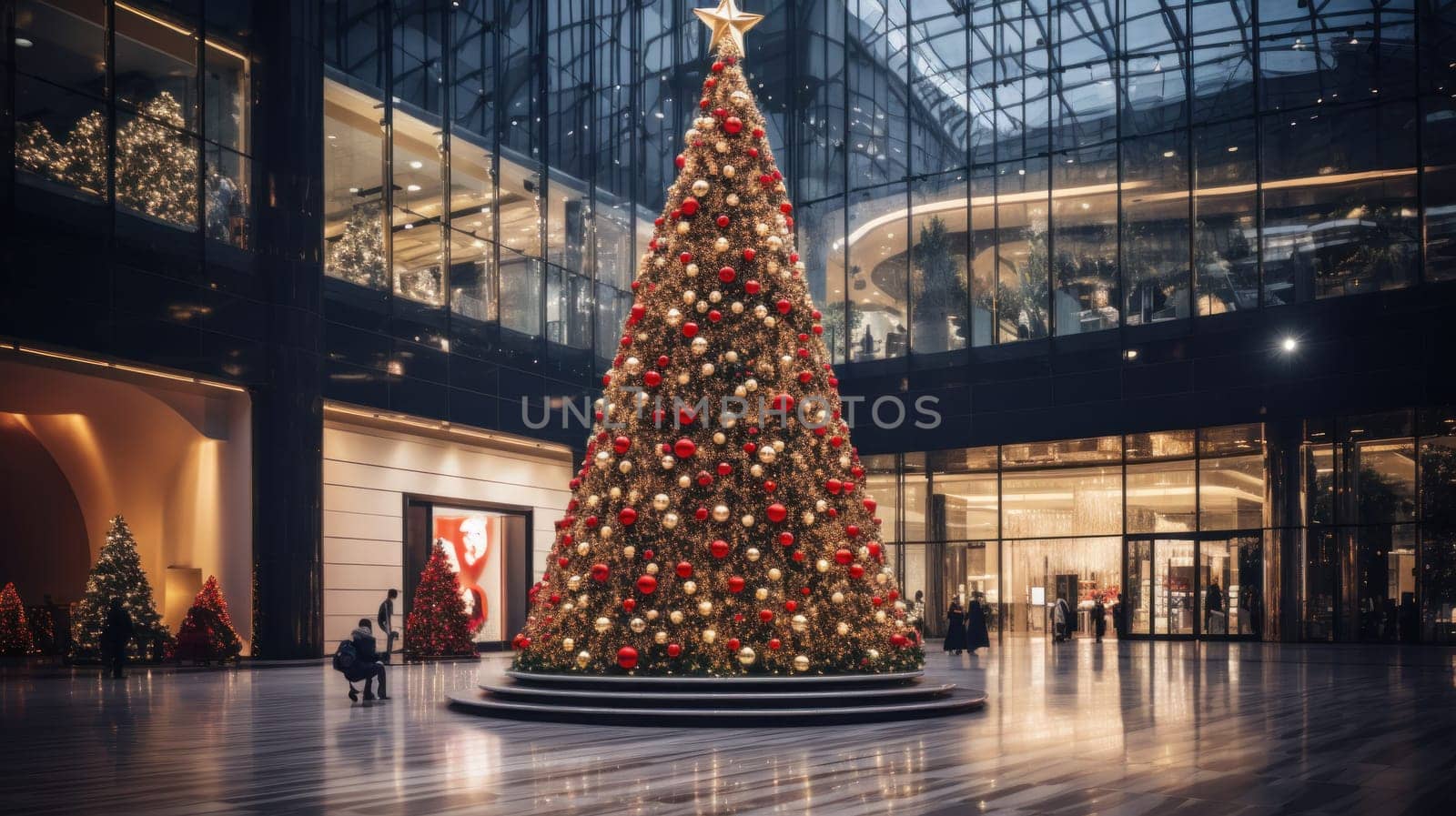 A giant Christmas tree in the middle of a shopping mall . Generative AI by golfmerrymaker