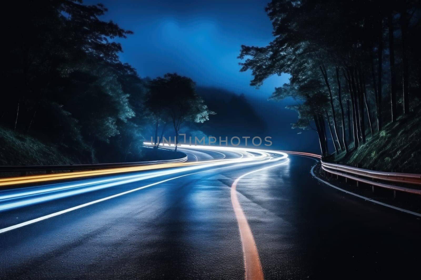 Cars light trails at night in a curve asphalt road at night. Generative AI.