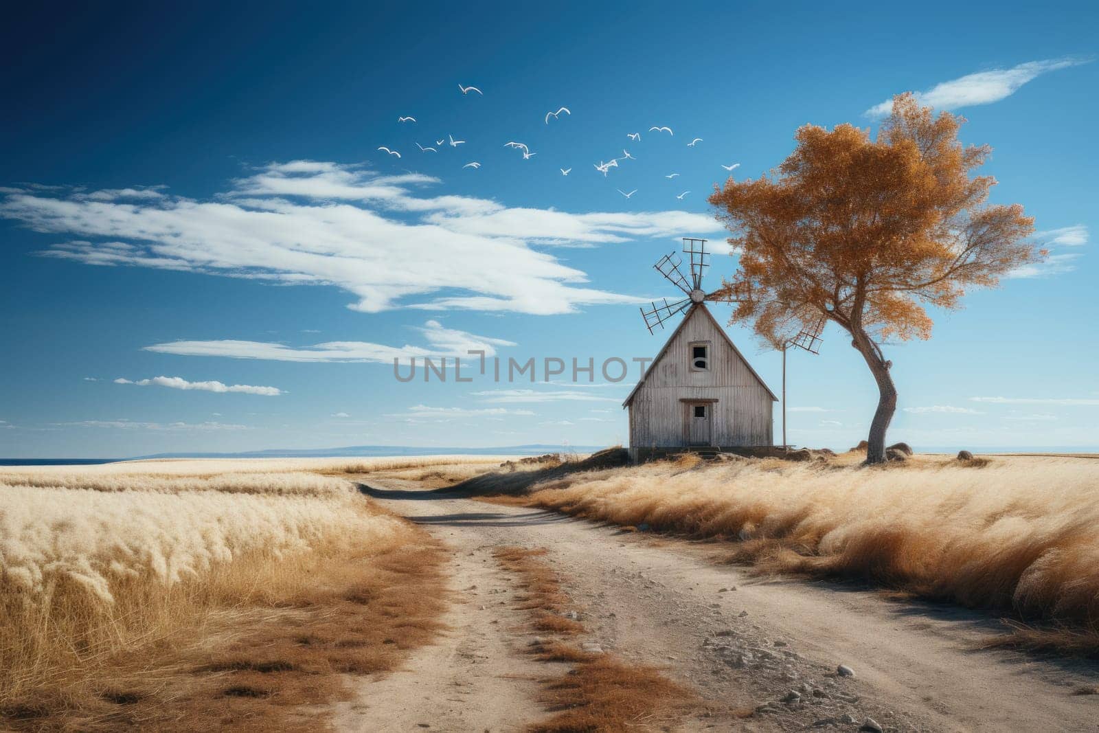 Minimalist landscape with alone tree and house. Generative AI.