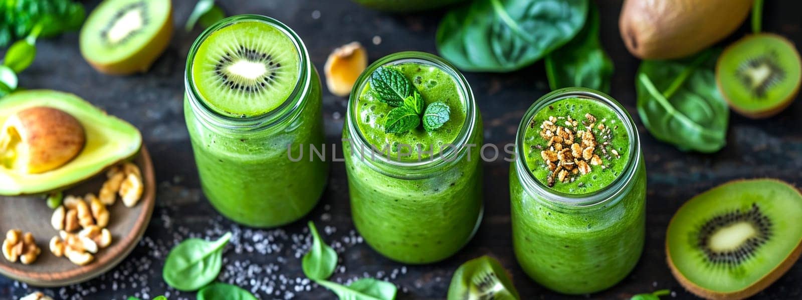 green smoothie and detox ingredients. selective focus. food drink Generative AI,