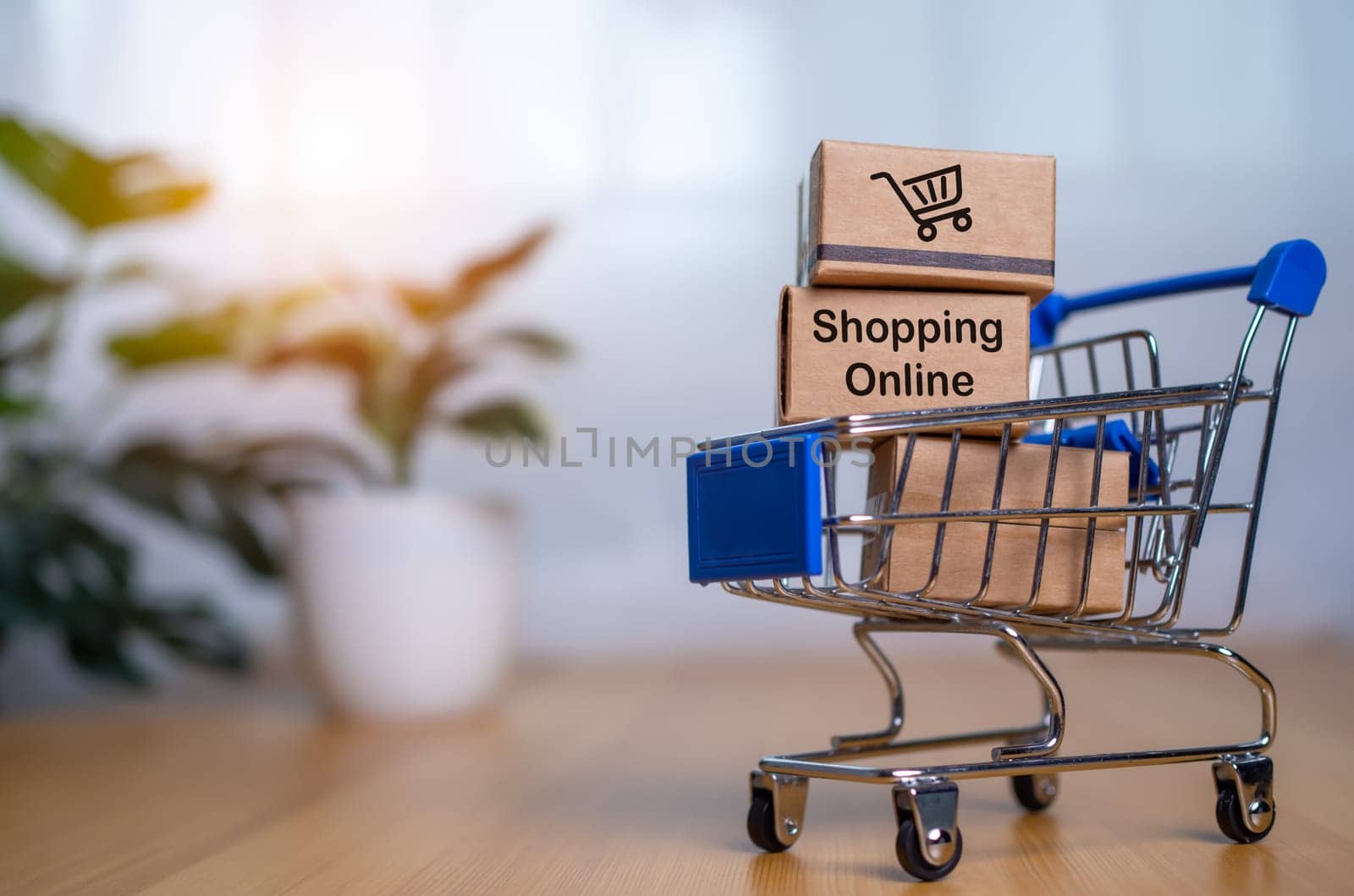 Online shopping, Product package boxes in cart with shopping bag  delivery concept, Shopping service on The online web and offers home delivery, online shopping and delivery concept. by Unimages2527