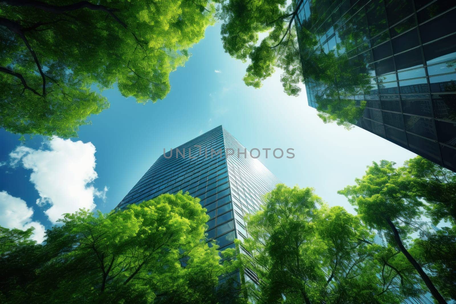 A towering skyscraper seen from a worm's-eye view, green tree, skylight exposure. Generative AI.