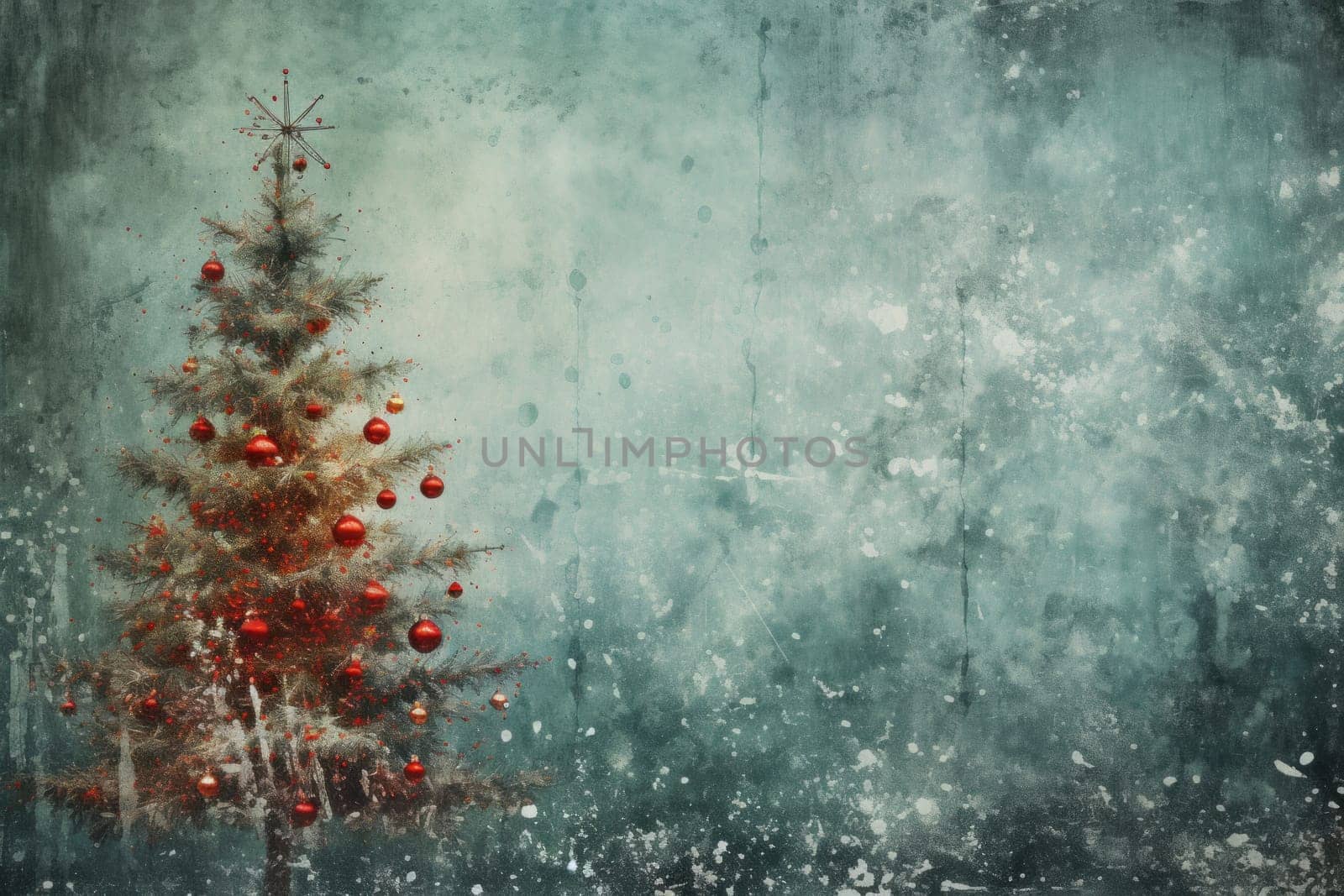 Red Christmas. Grunge green Christmas tree background. Generative AI by golfmerrymaker