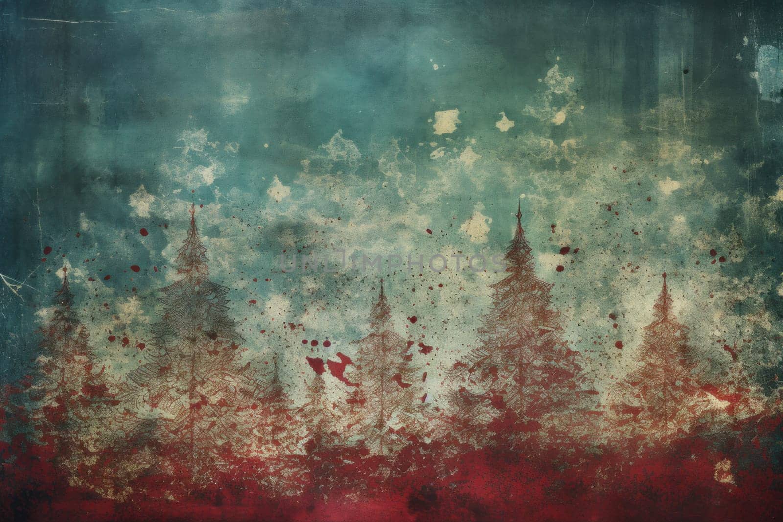 Red Christmas. Grunge green Christmas tree background. Generative AI.