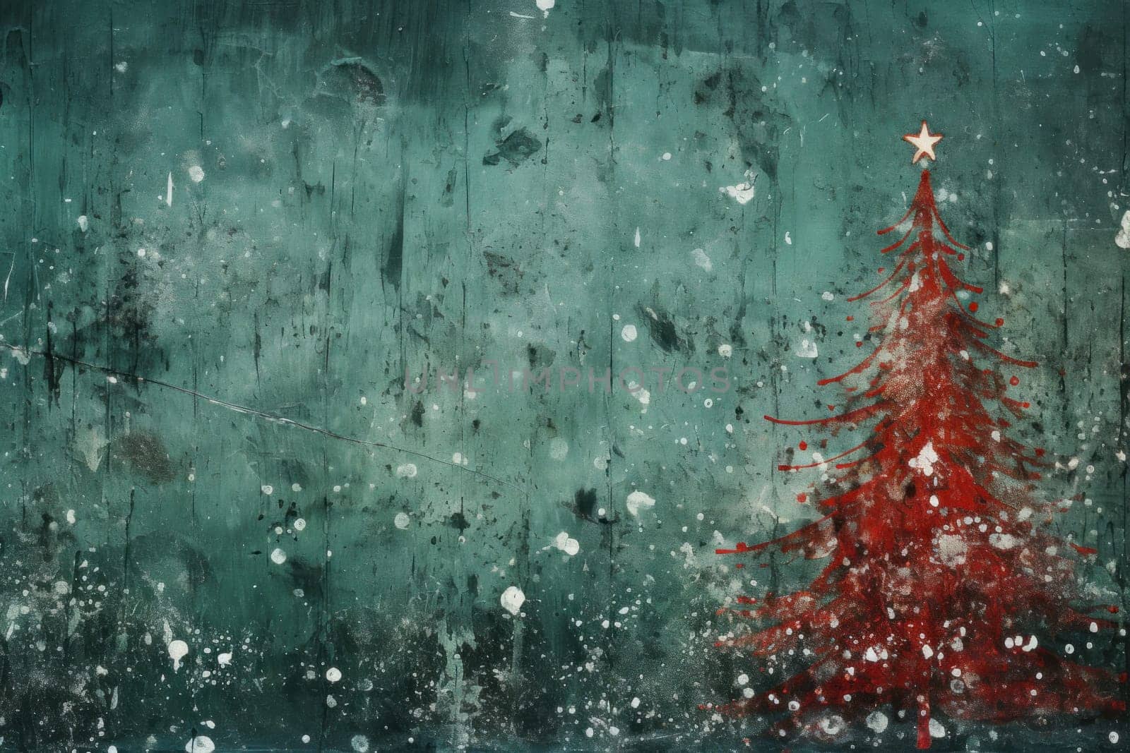 Red Christmas. Grunge green Christmas tree background. Generative AI.