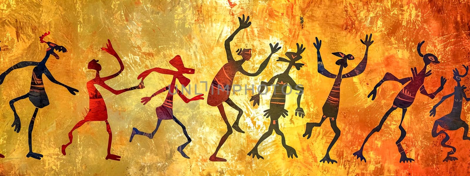 A vibrant tribal dance scene with silhouetted figures on a fiery orange textured background, evoking ancient cave art in a modern abstract style.