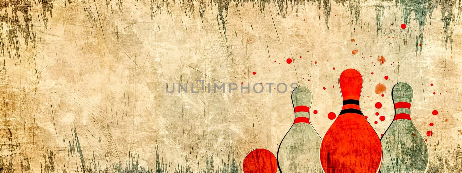 A stylized vintage bowling concept with pins and a ball, featuring grunge textures and splashes of red, ideal for a retro sports background. copy space