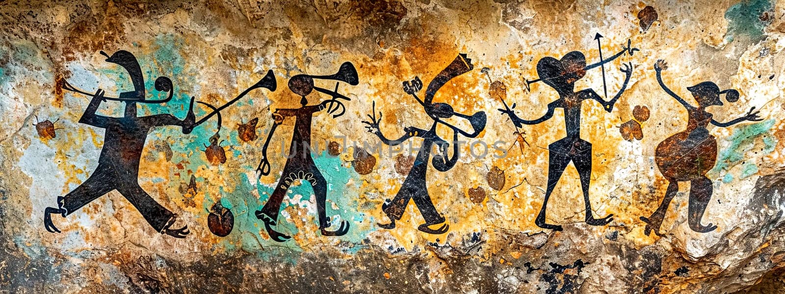musicians with instruments, resembling ancient cave paintings, set against a rugged, multicolored stone background. by Edophoto