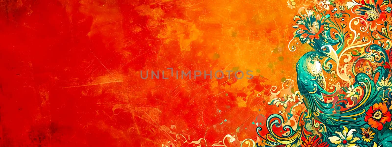 ornamental peacock design with floral motifs on a textured red background, creating a decorative and elegant composition, copy space