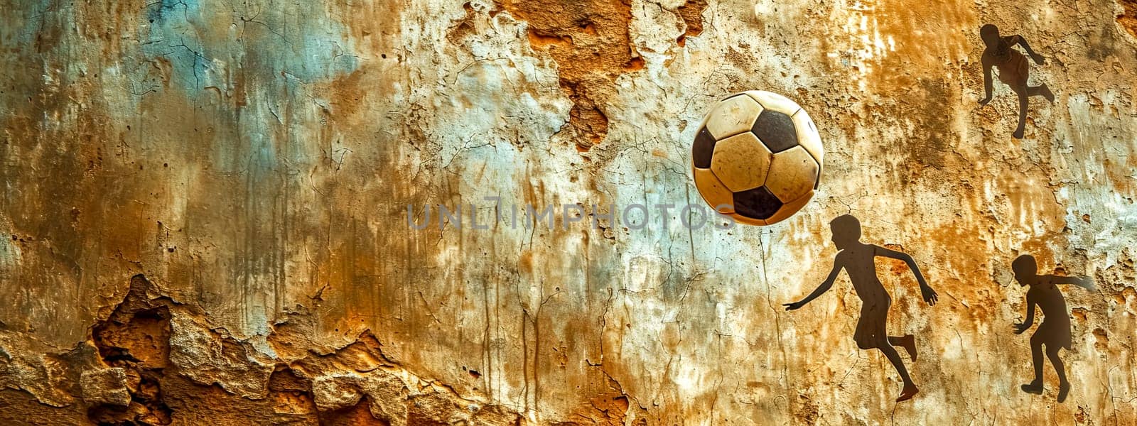 soccer play with silhouetted players and a ball against a rustic, aged wall, merging sports with a vintage aesthetic. copy space