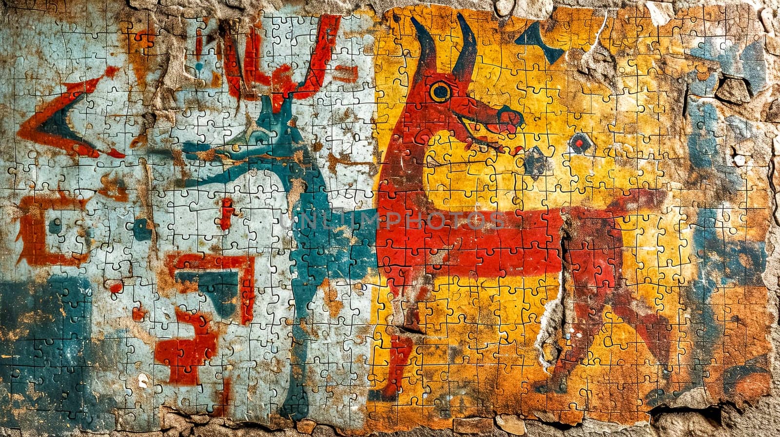 Colorful jigsaw puzzle depicting vibrant ancient tribal art.