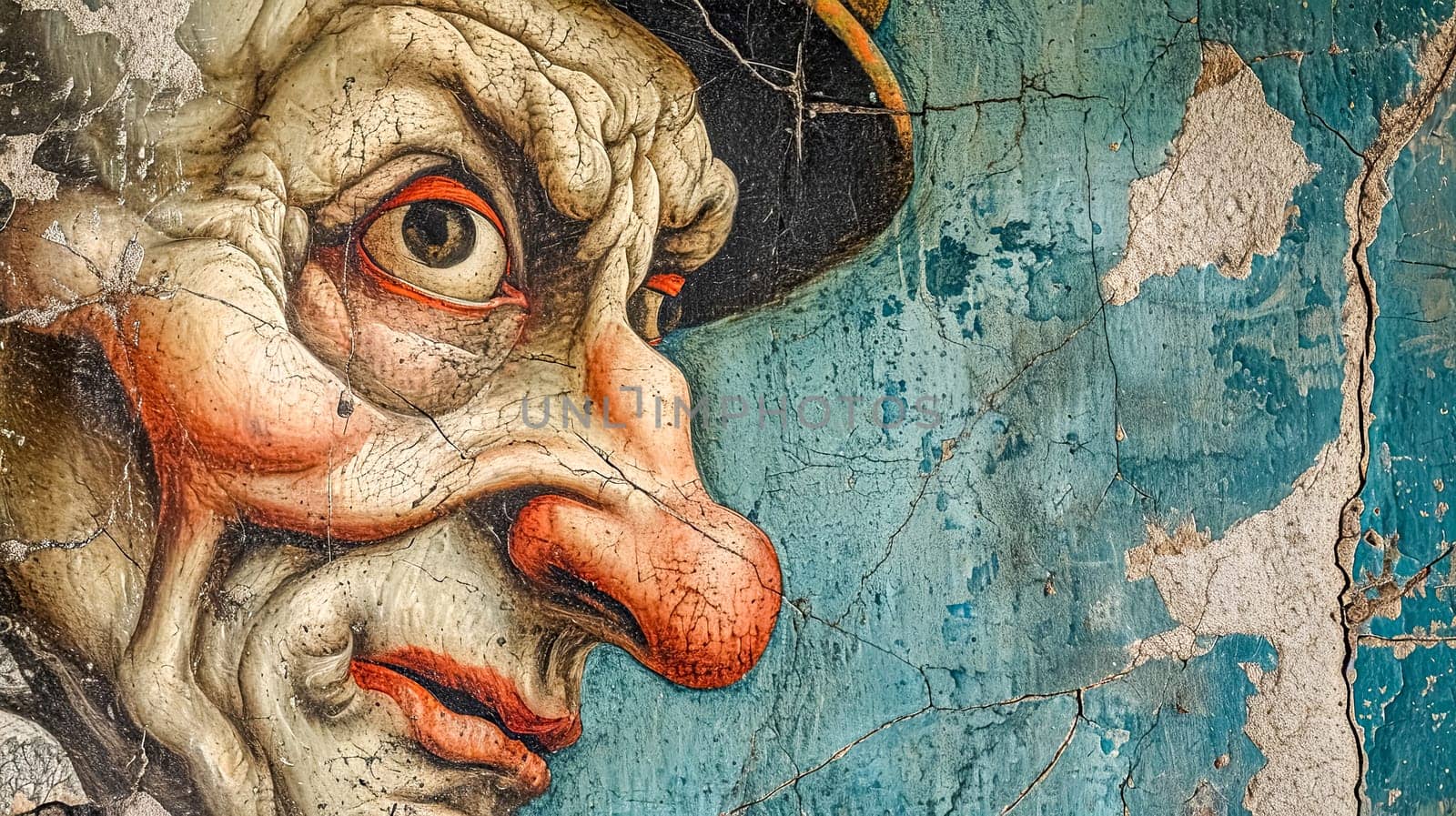 classical fresco depicting a whimsical character, showcasing the textured decay of renaissance art over time. by Edophoto