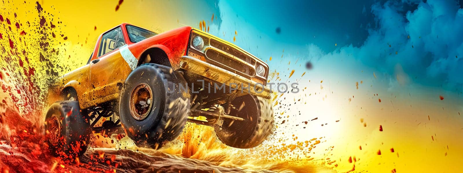 An intense off-road truck action scene, with a powerful vehicle splashing through mud, vividly captured against a dramatic sky, illustrating speed and adventure. copy space