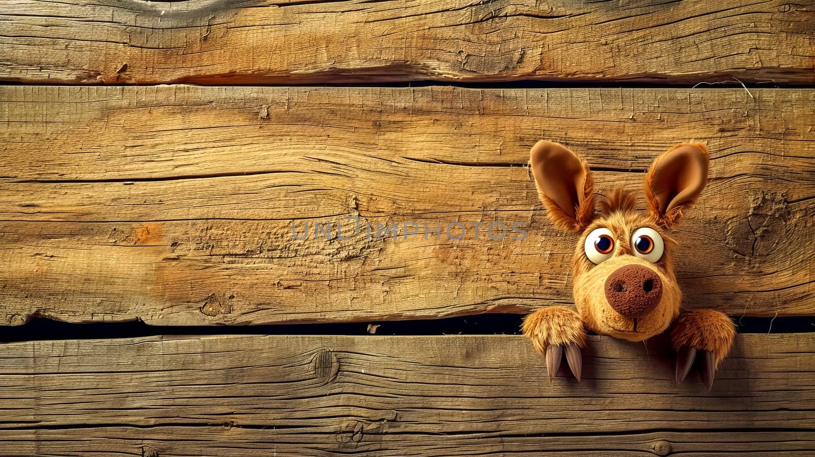 cartoon-like creature peeking through wooden planks, with a playful and curious expression, set against a rustic wooden backdrop. copy space