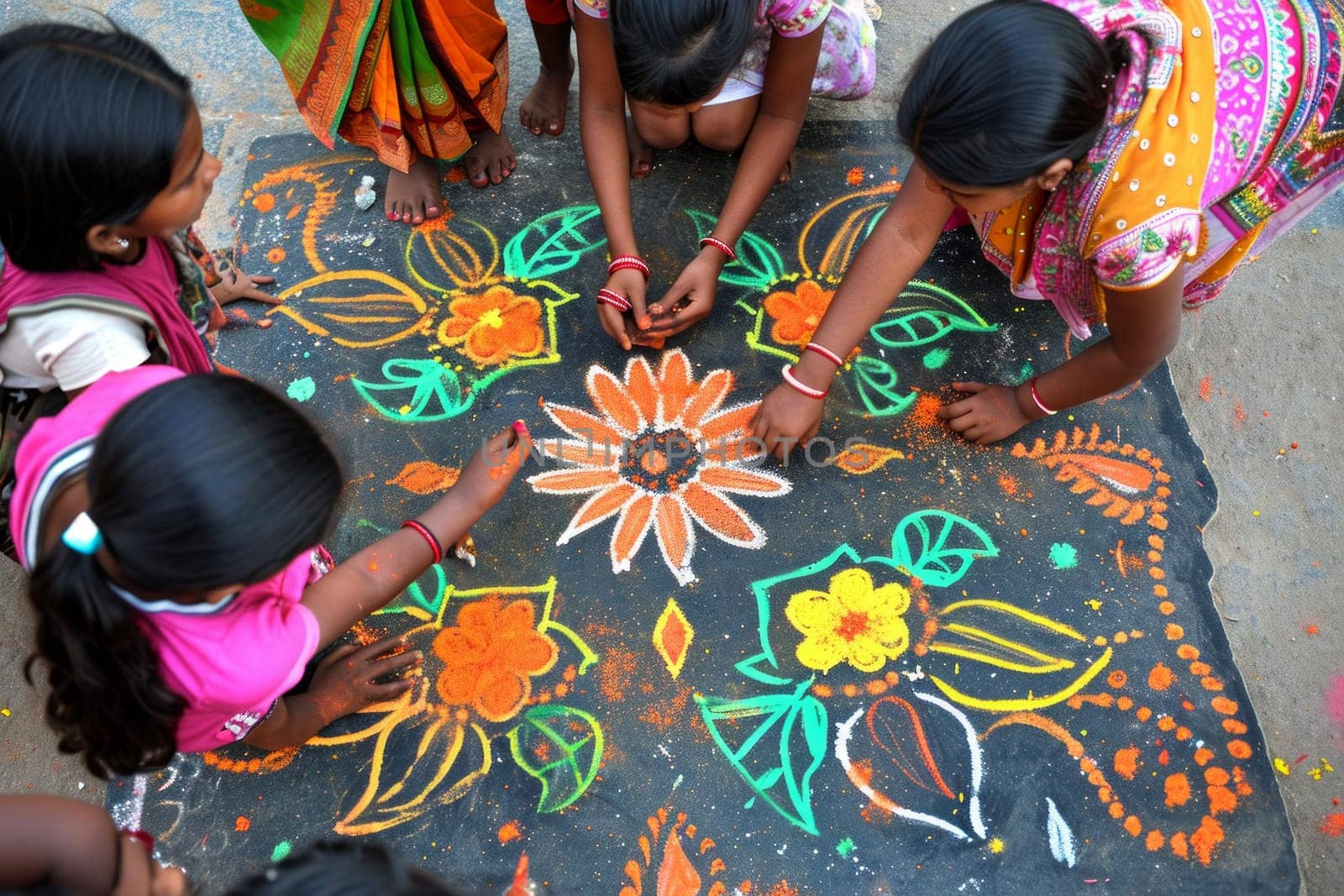 Indian Women and children decorate doorsteps with exquisite designs for the Gudi padwa festival