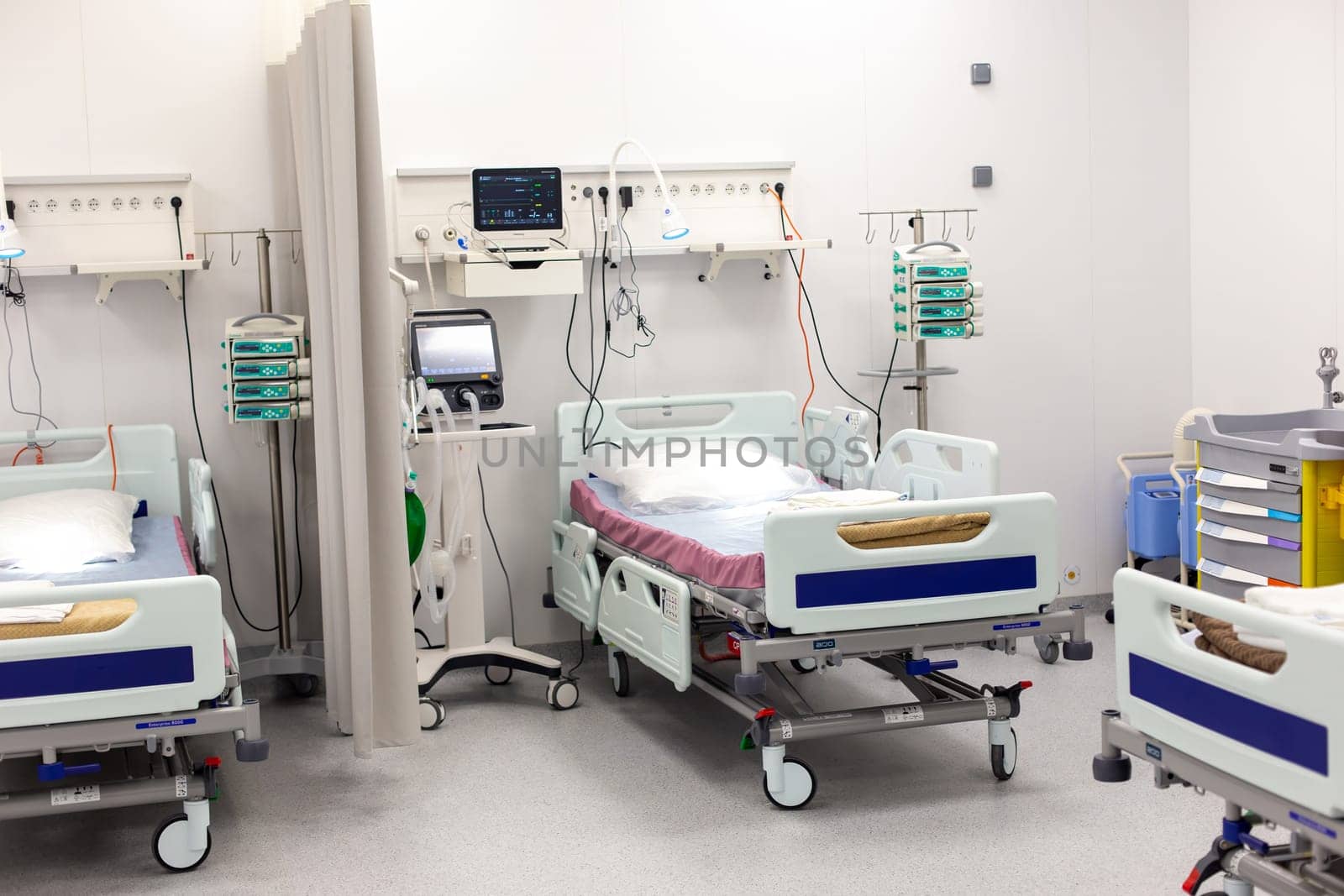 Moscow, Moscow region, Russia - 03.09.2023:View of a clean and organized hospital ward with patient beds and vital sign monitors