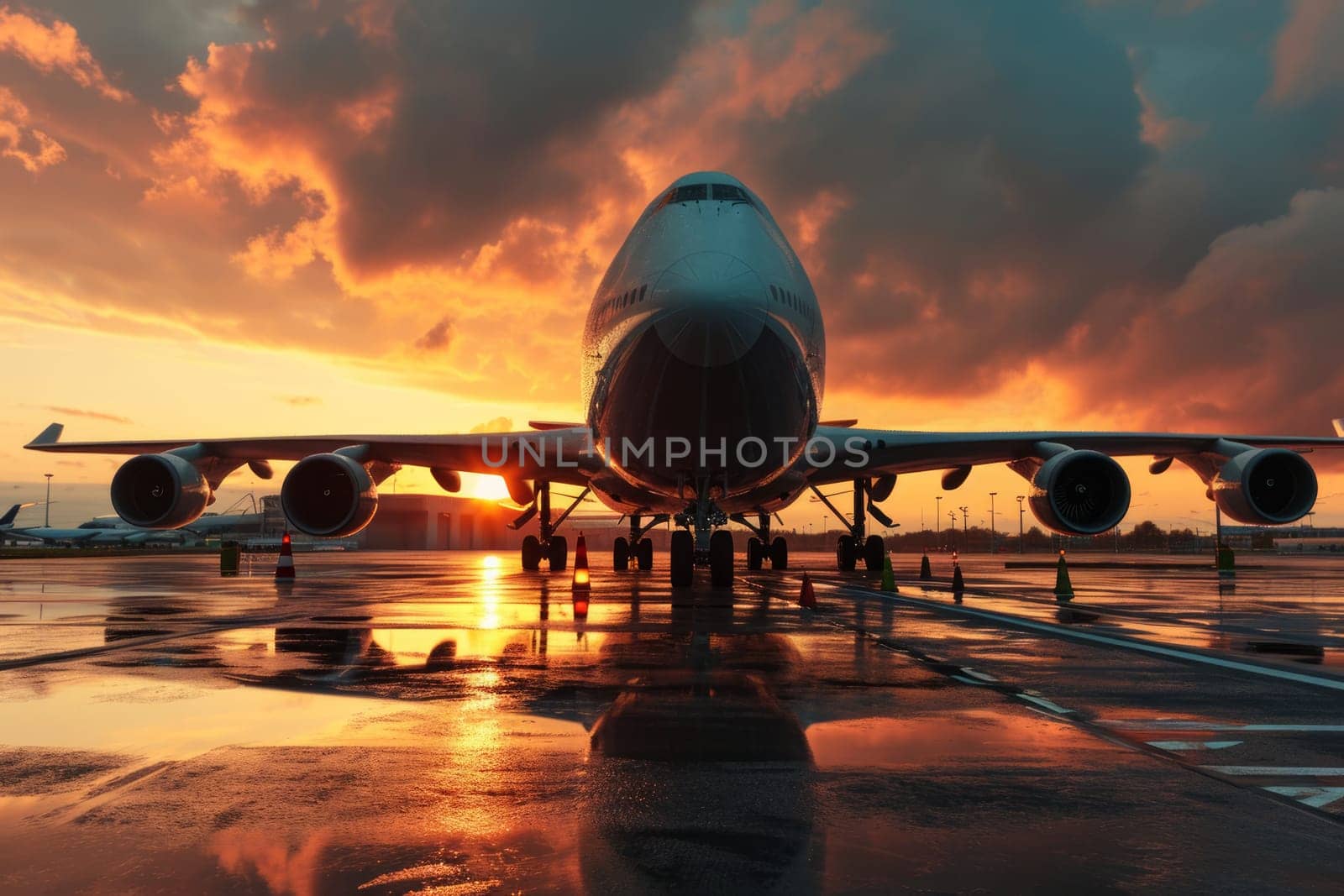 Futuristic commercial cargo air freight airplane at airport in background of beutiful sunset