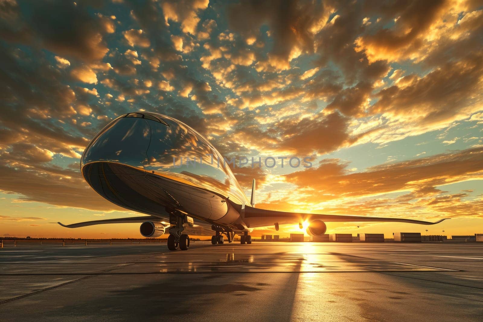 Futuristic commercial cargo air freight airplane at airport in background of beutiful sunset