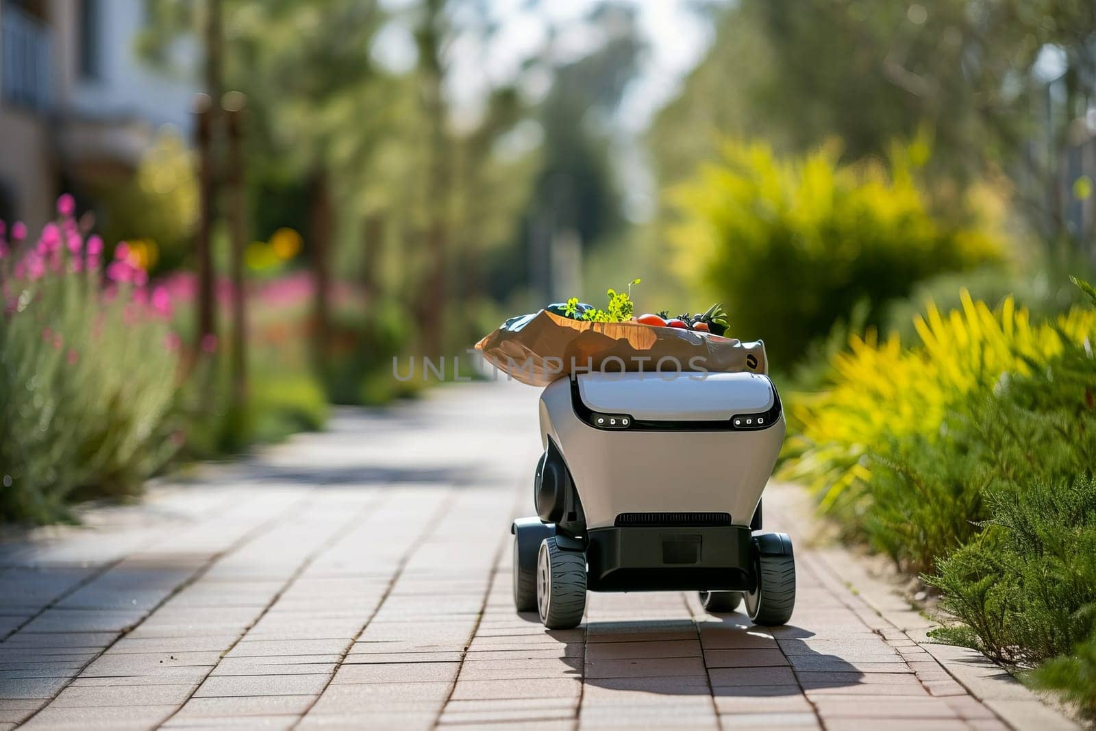 Food delivery robot delivers bag full with groceries to home