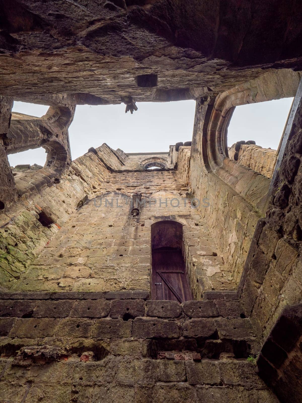 The ruins of Oybin in the mist.. The temple and burg  founded as Celestines monastery in 1369 in the Zittau Mountains on the border of Germany Saxony with the Czech Republic