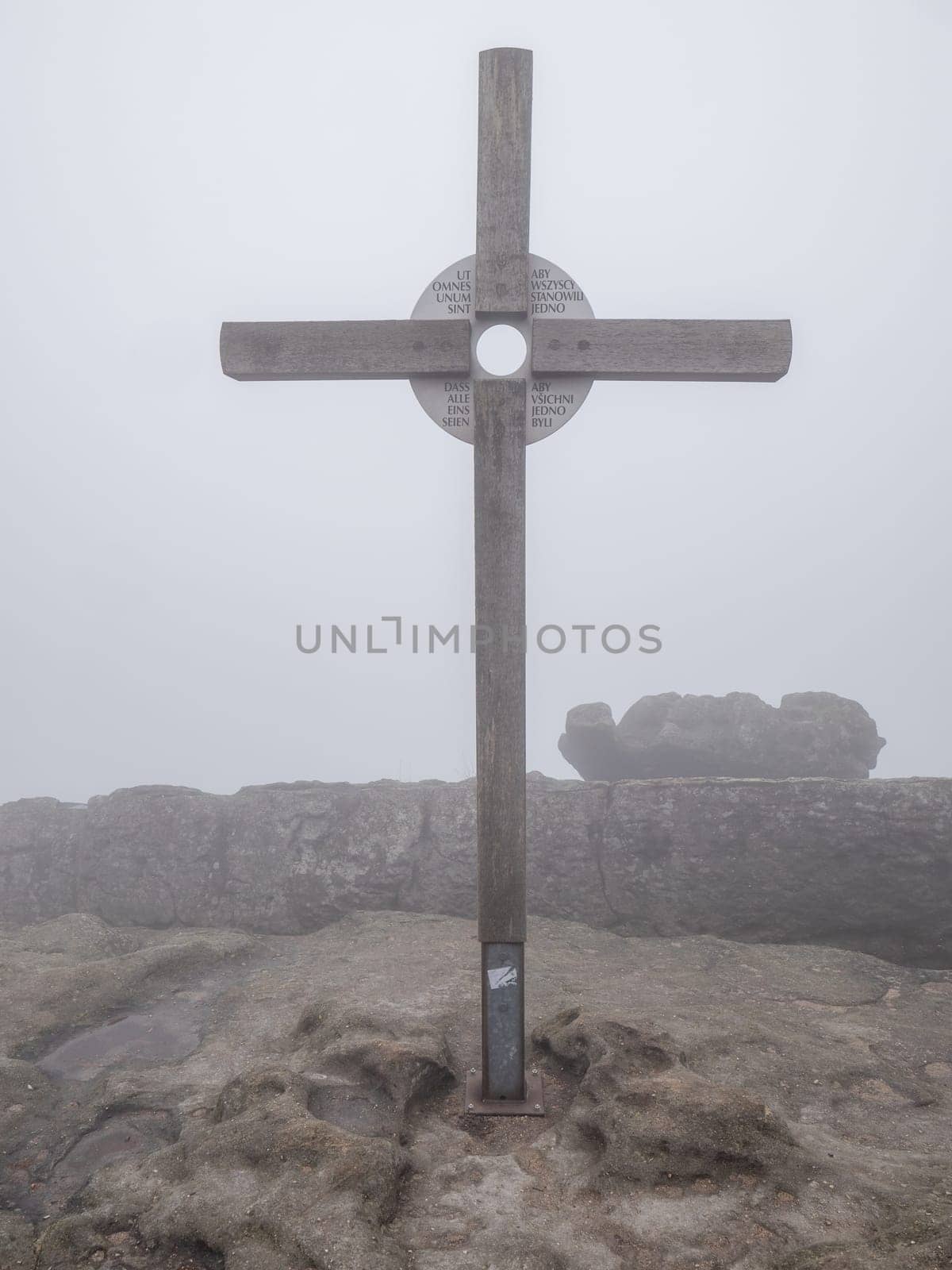 Cross at Topferbaude viewpoint restaurant and hut next to hill Topfer  by rdonar2