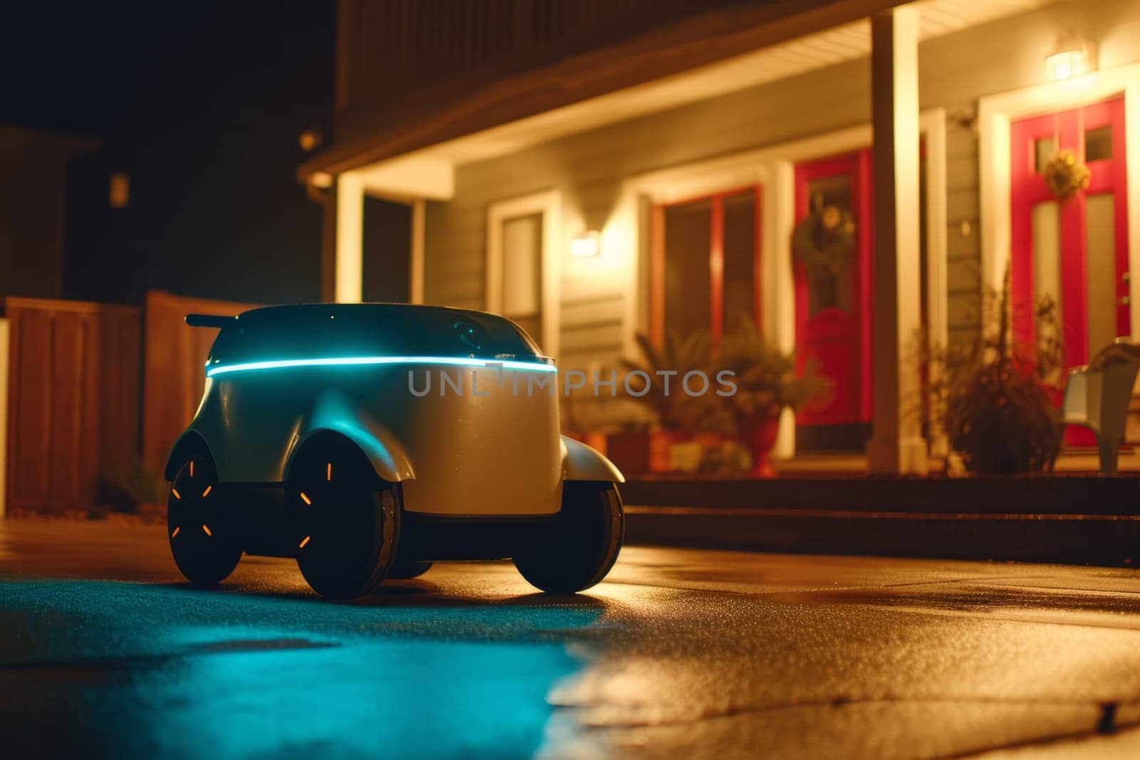 Food delivery robot delivers bag full with groceries to home