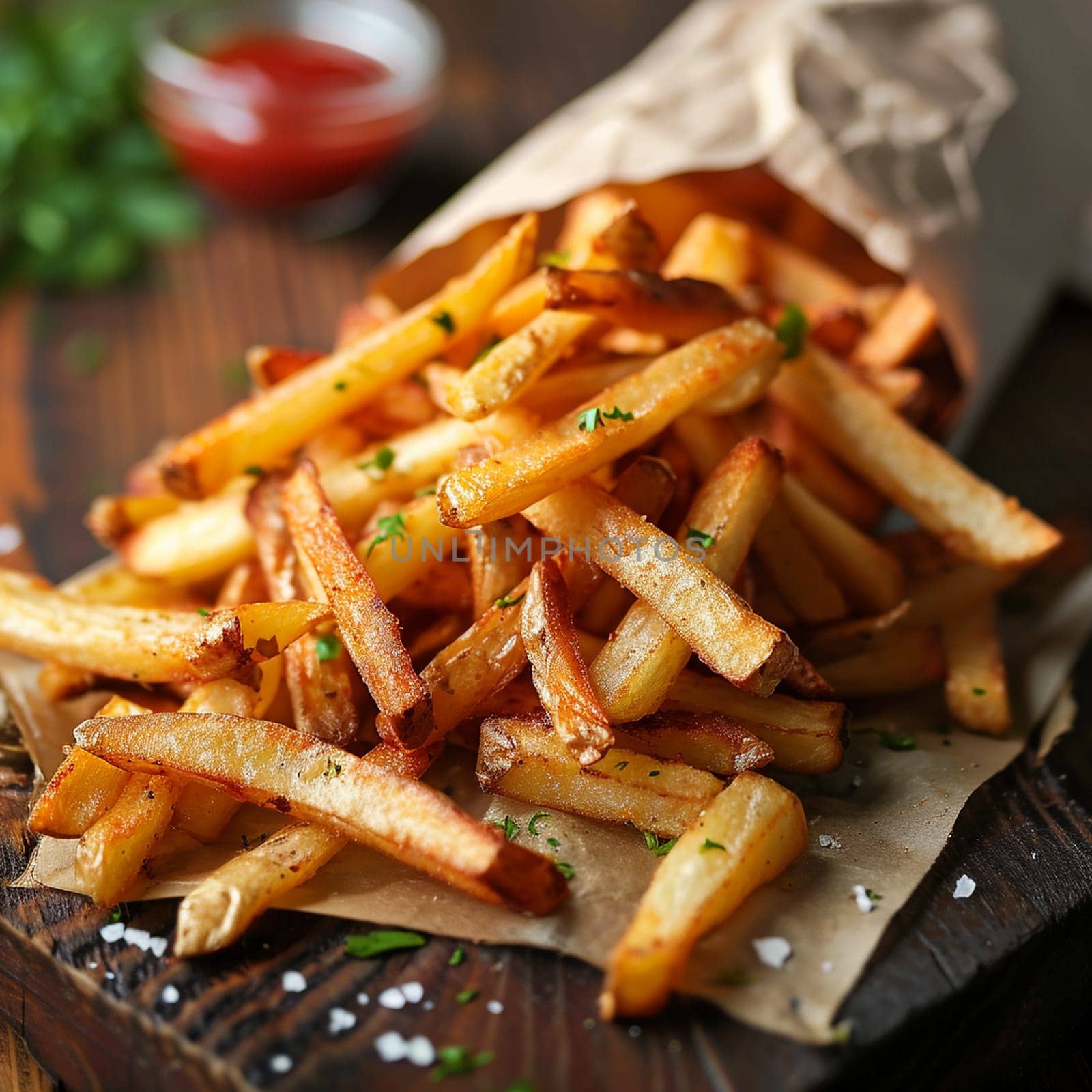 French fries in a paper bag on a wooden background. selective focus. Generative AI, by mila1784