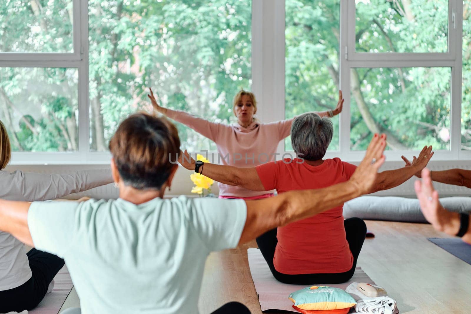 A group of senior women engage in various yoga exercises, including neck, back, and leg stretches, under the guidance of a trainer in a sunlit space, promoting well-being and harmony by dotshock