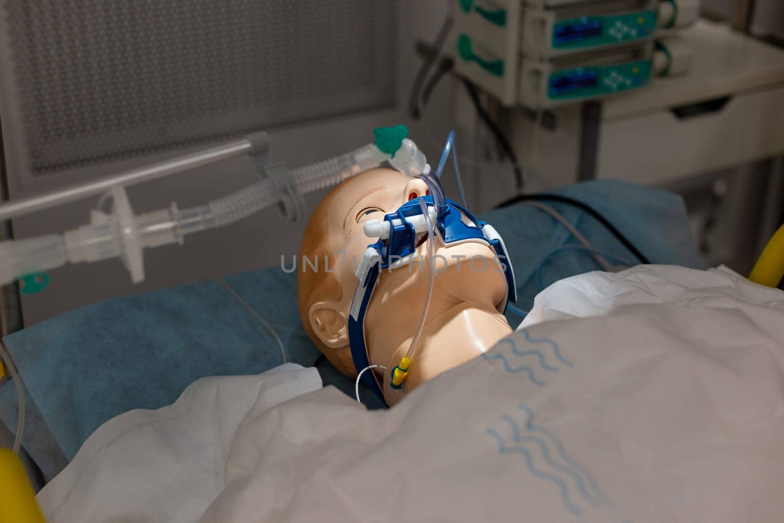 Moscow, Moscow region, Russia - 03.09.2023:Close-up of a medical practice dummy wearing an oxygen mask by Zakharova